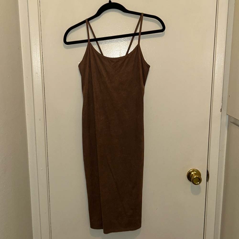 Brown Suede Midi Dress with Side Slit